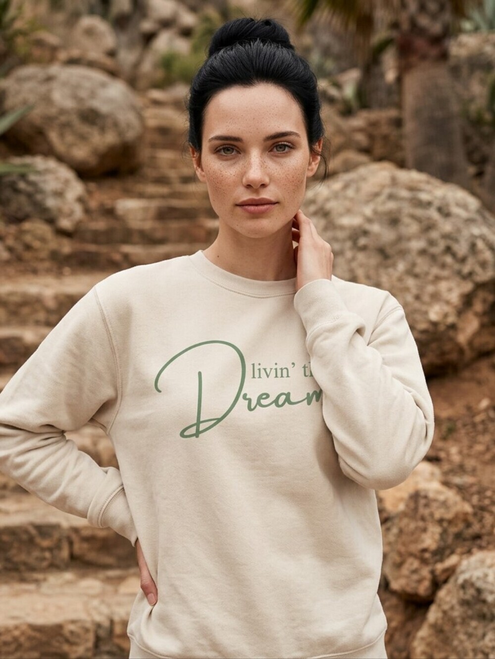 Womens soft Cozycore Beige Green "Livin' the Dream" Sweatshirt S Casual Comfort